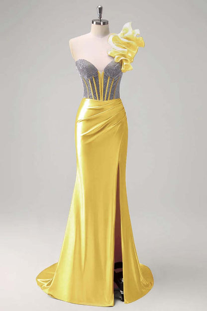 Strapless Handmade Flower Backless Mermaid Slit Prom Dress With Beading