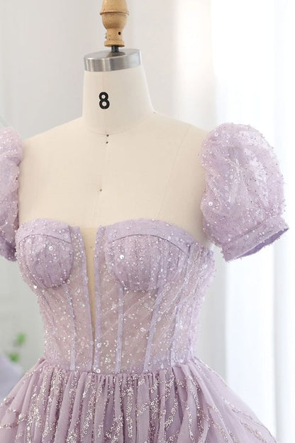 Lilac A Line Puff Sleeve Sequins Ruffle Tulle Prom Dress SH1661