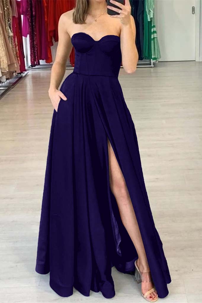 Sweetheart Prom Dress Black Slit With Pockets