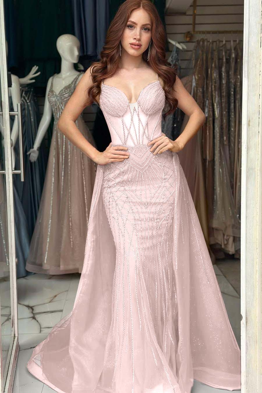 Elegant Red Sequins Spaghtti Strap Sleeveless Sweetheart Prom Dress with Detachable Train