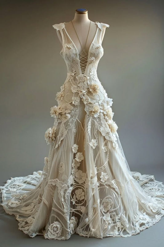 Gorgeous A Line V Neck Ivory Appliques 3D Flower Tulle Long Prom Dress Evening Dress SH2439