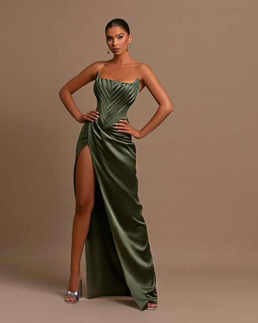 Elegant Dark Green Square Neck Slit Sleeveless Prom Dress With Pleats