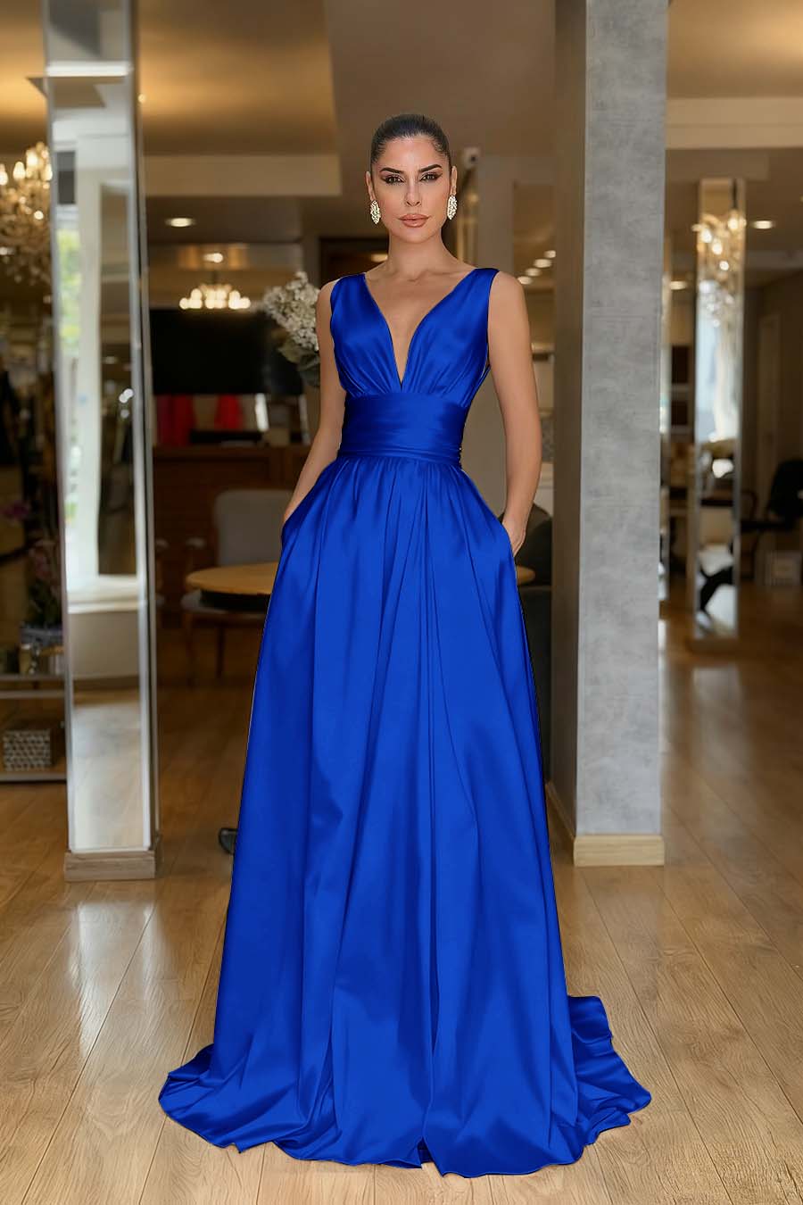 Chic Red Satin Spaghtti Strap Sleeveless V Neck Long Prom Dress with Pleated