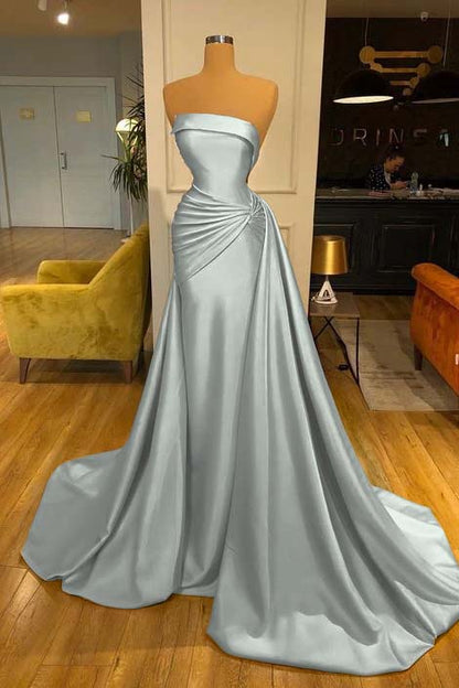 Strapless Baby Blue Elegant Mermaid Evening Dress Long With Ruffle