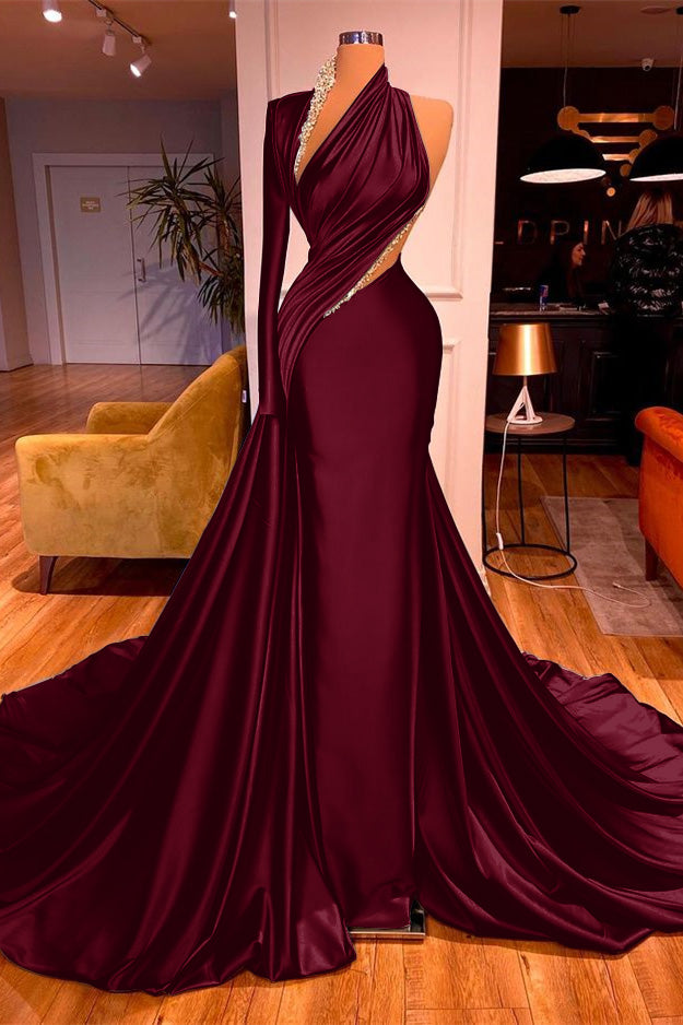 One-Shoulder Long Beadings Evening Dress Mermaid With Long Sleeves