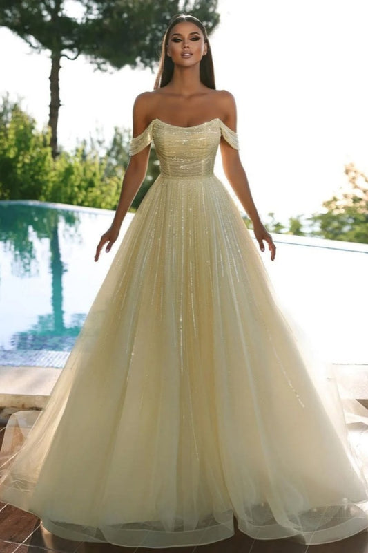 Off-the-Shoulder Tulle Long A-Line Prom Dress Sleeveless