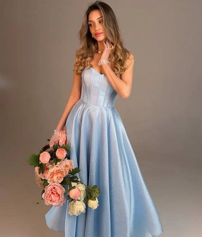 Elegant Sky Blue Sleeveless Sweetheart A-Line Evening Dress
