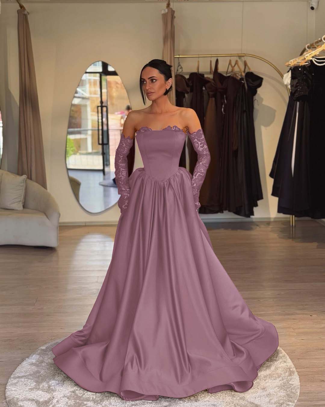 Elegant Sleeveless Strapless A Line Prom Dress With Lace Gloves