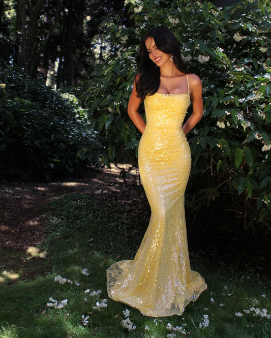 Sleeveless Spaghetti Straps Square Prom Dress With Sequins