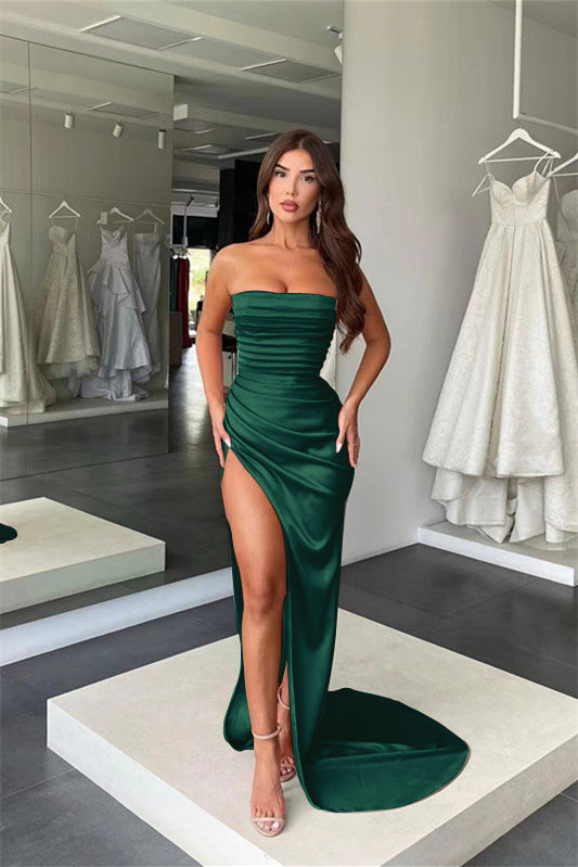 Amazing Coral Strapless Mermaid Prom Dress With Pleats Slit