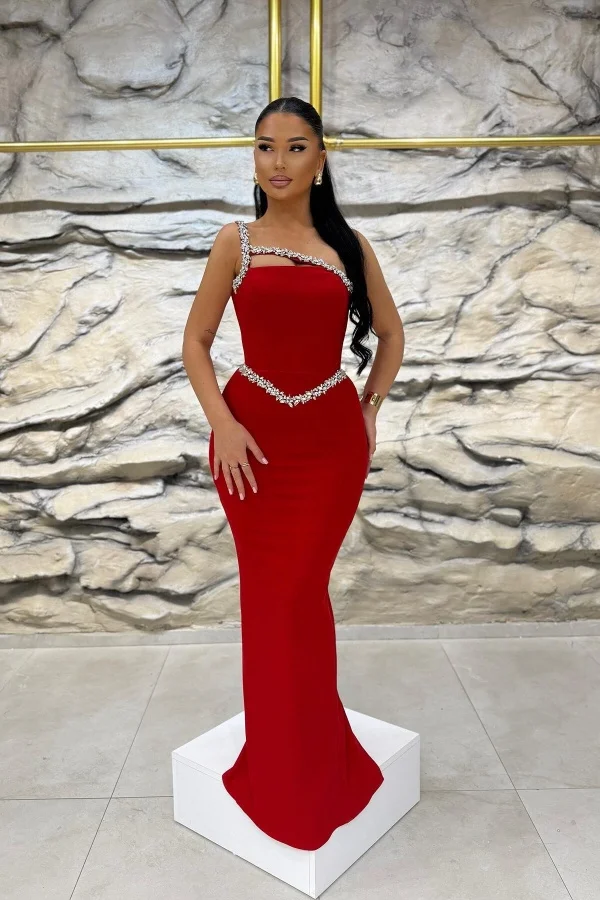 Red Beaded Mermaid One-Shoulder Prom Dress