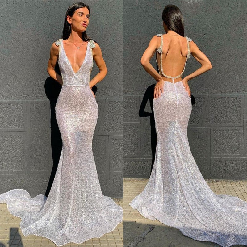 Deep V-Neck  Mermaid Prom Dress Open Back Sequins