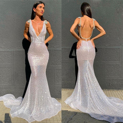 Deep V-Neck  Mermaid Prom Dress Open Back Sequins