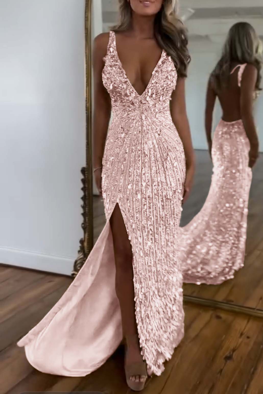 Charming Gold Sequins Spaghetti Strap Sleeveless V Neck Long Prom Dress with Split