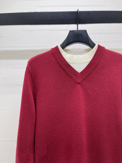 CC 26s Crew Neck Color-Blocked Faux Two-Piece Sweater Red Cashemere 344152