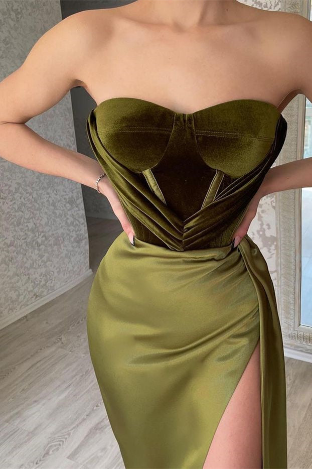 Strapless Mermaid Evening Dress With Slit Olive Green
