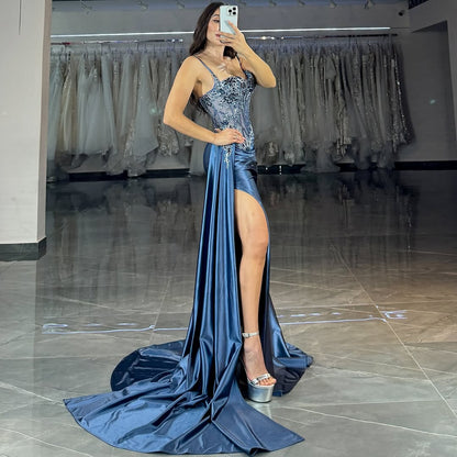 Sleeveless Spaghetti Straps V-Neck Beads Long Prom Dress