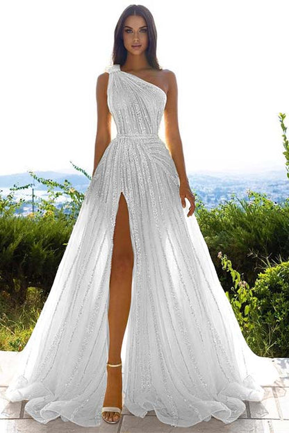 Sequins One Shoulder Prom Dress Daffodil With Front Slit