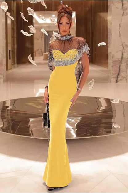 Shinning Black Satin Sweetheart Beaded Sleeveless Mermaid Prom Dress with Shawl