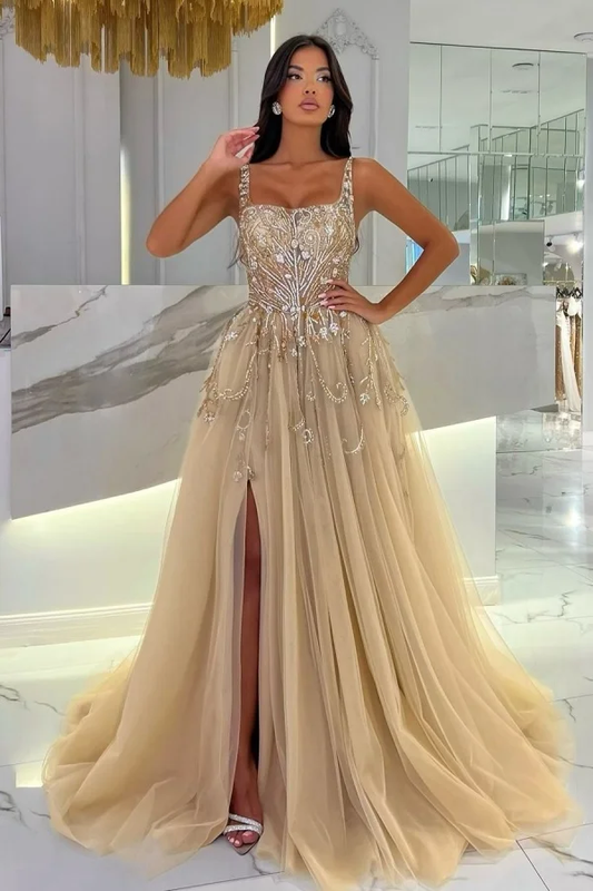 Champagne Square-Neck Exquisite Intarsia Mesh Prom Dress