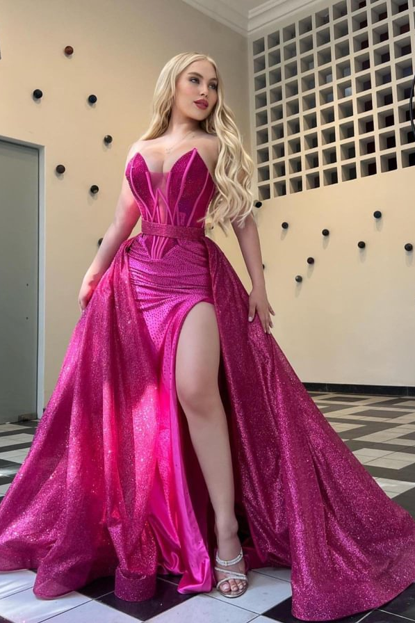 Stunning Hot Pink Sweetheart Sleeveless Split Sequins Prom Dress With Ruffles