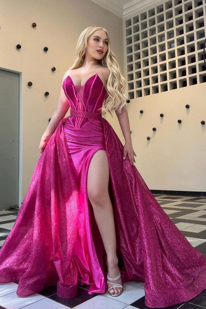 Stunning Hot Pink Sweetheart Sleeveless Split Sequins Prom Dress With Ruffles