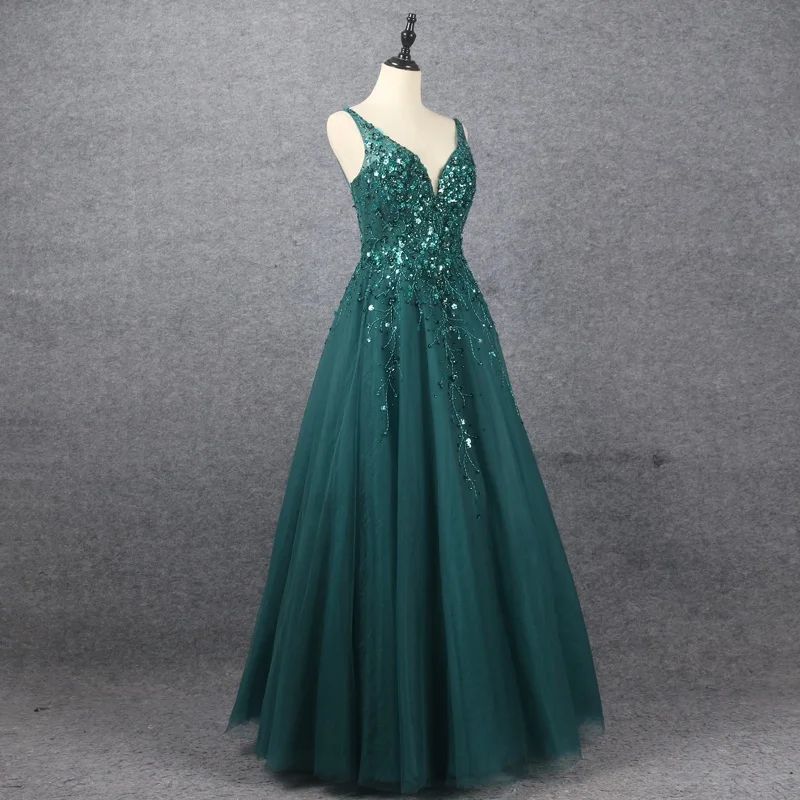 Emerald V Neck Floor Length Prom Dress A Line Sleeveless With Appliques