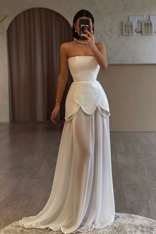 Glamorous White Satin Sleeveless Strapless Long Pleated Prom Dress with Beadings