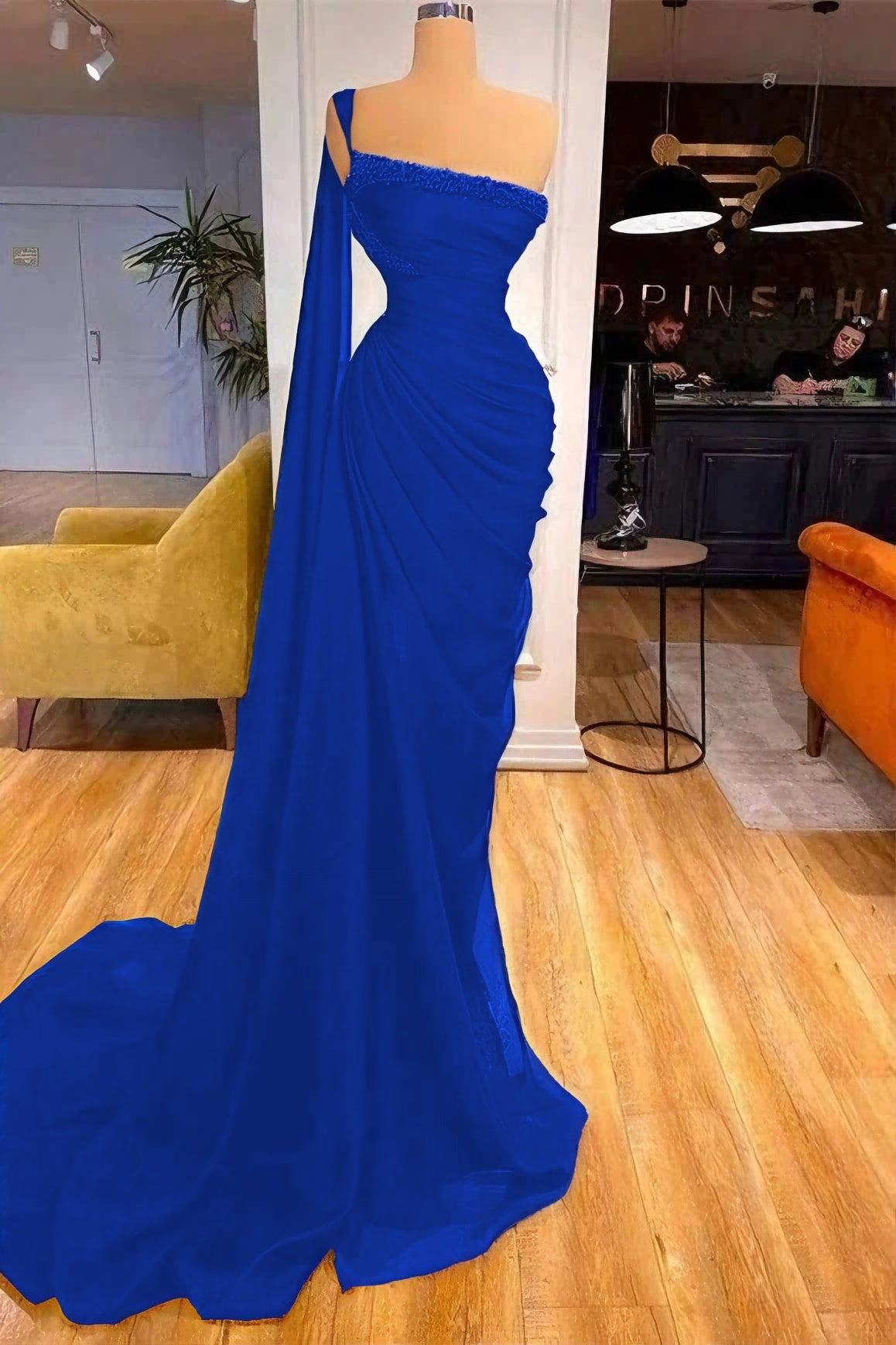 One Shoulder Mermaid Ideal Black Prom Dress With Beads