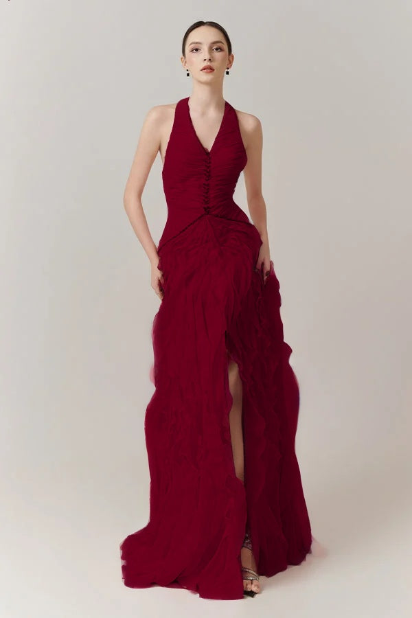 Blushing Pink Halter Strap Pleated V-Neck Split Evening Dress With Beads
