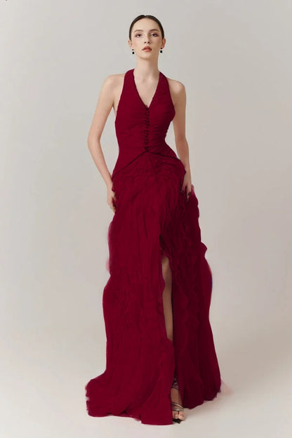 Blushing Pink Halter Strap Pleated V-Neck Split Evening Dress With Beads