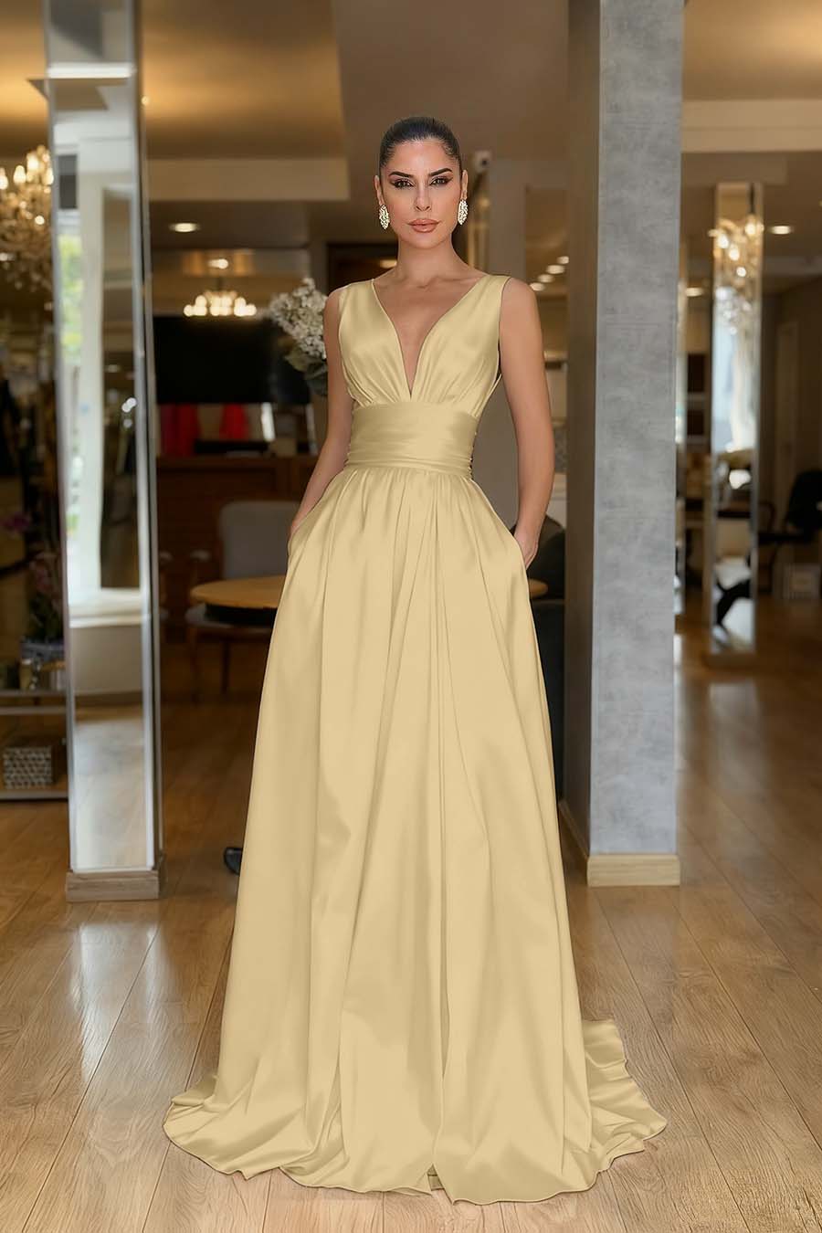 Chic Red Satin Spaghtti Strap Sleeveless V Neck Long Prom Dress with Pleated
