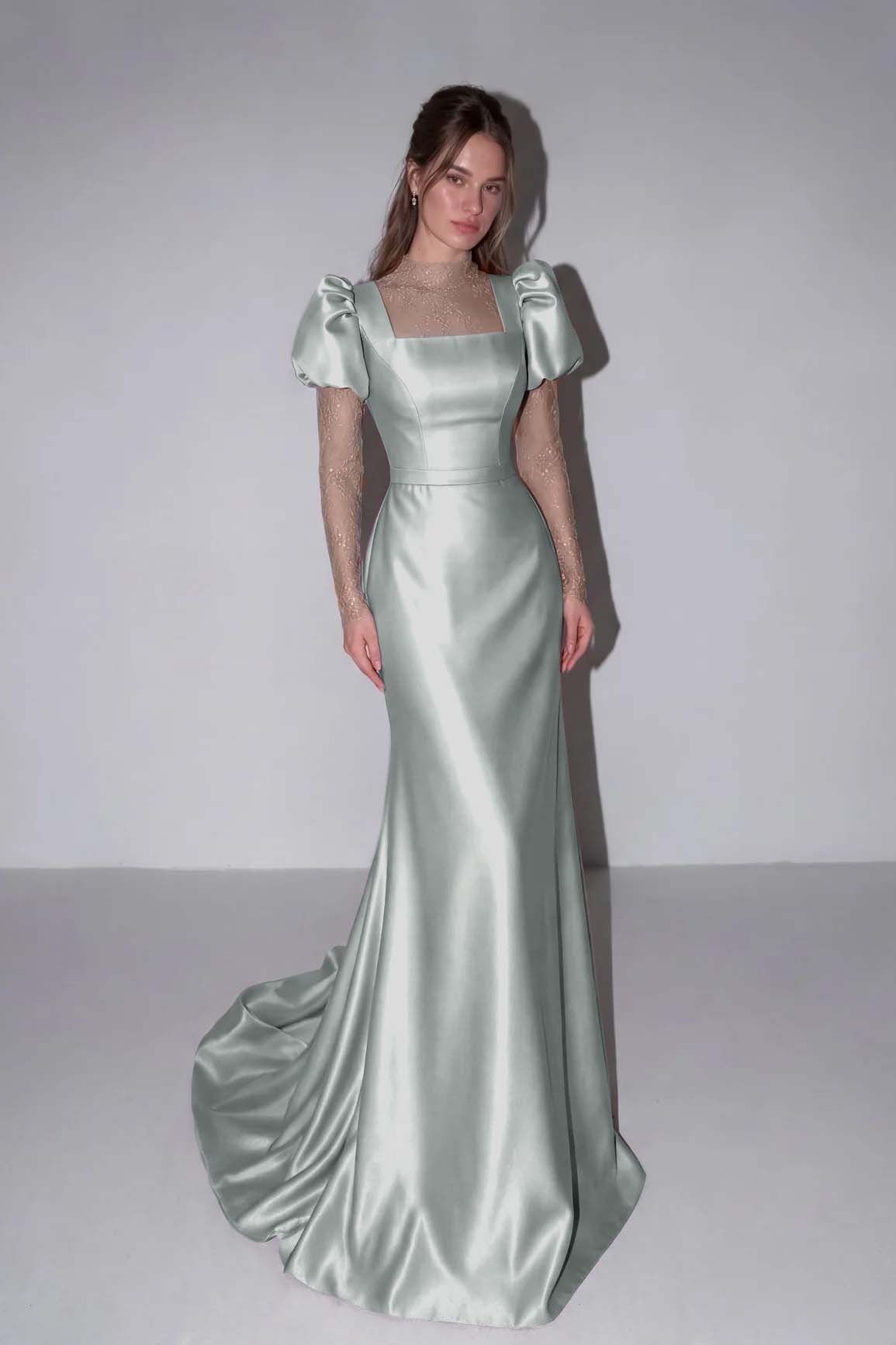 Lilac High Neck Mermaid Prom Dress Long Sleeves in Satin with Lace