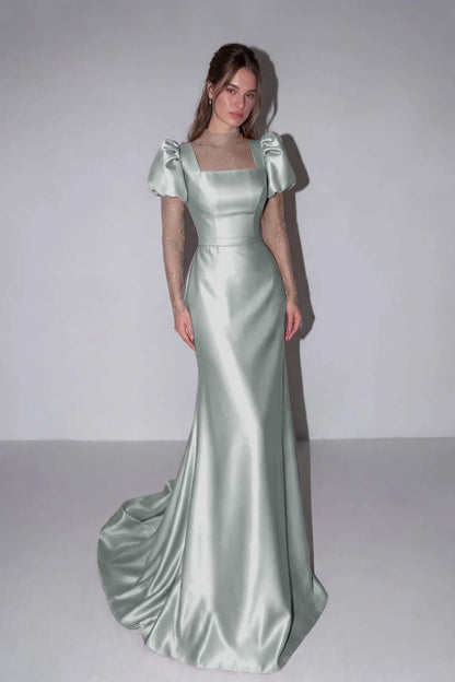 Lilac High Neck Mermaid Prom Dress Long Sleeves in Satin with Lace