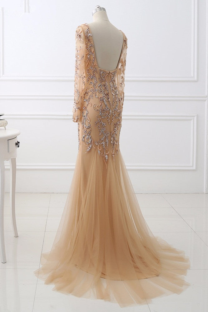 Beautiful Champagne V-Neck Long Sleeves Evening Dress Mermaid Tulle Ruffles with Beadings Rhinestones