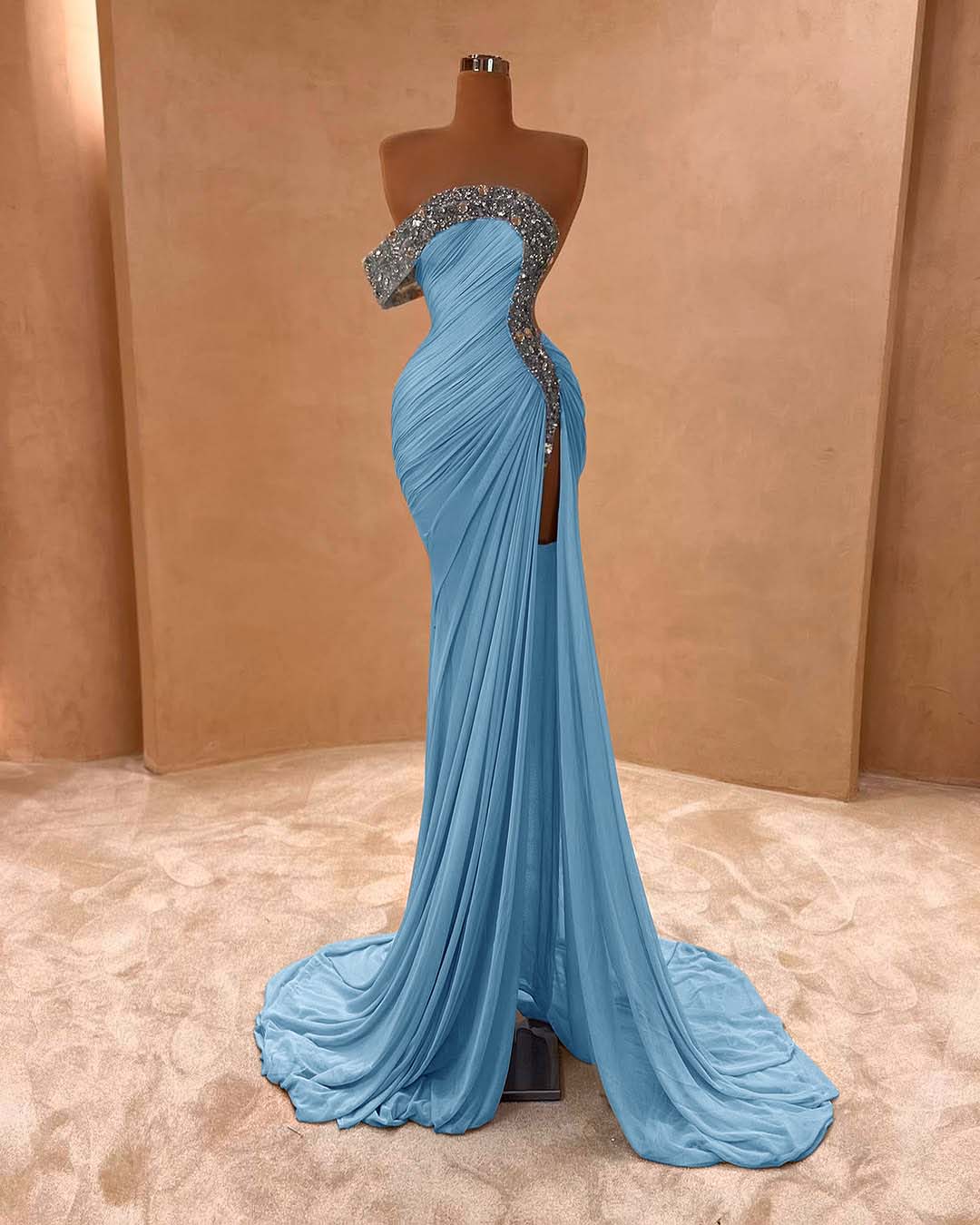 Light Purple Sleeveless Strapless Mermaid Beads Prom Dress