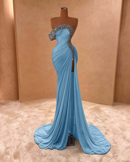 Light Purple Sleeveless Strapless Mermaid Beads Prom Dress