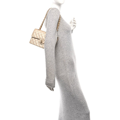 Metallic Caviar Quilted Small Double Flap Beige
