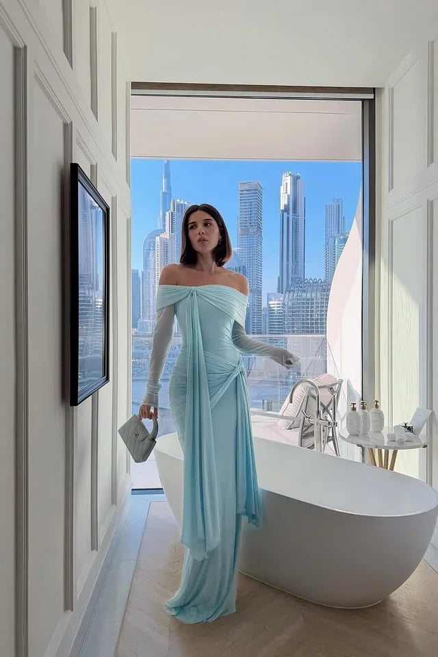 Chic Sky Blue Off-The-Shoulder Long Sleeves Pleated Chiffon Evening Dress