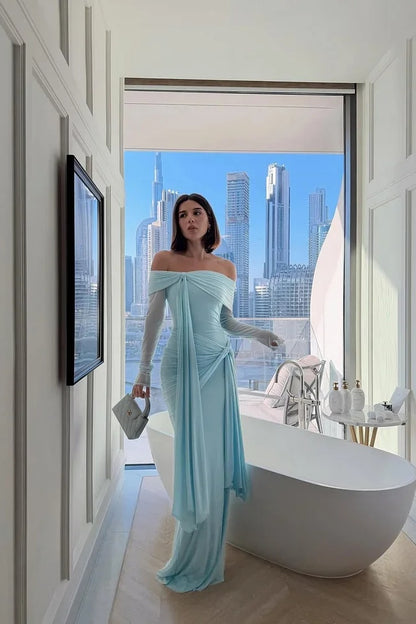 Chic Sky Blue Off-The-Shoulder Long Sleeves Pleated Chiffon Evening Dress