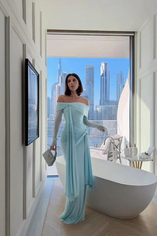 Chic Sky Blue Off-The-Shoulder Long Sleeves Pleated Chiffon Evening Dress