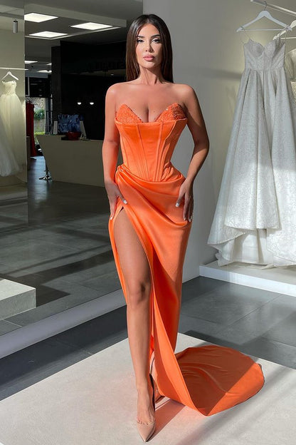 Sleeveless Orange Beads V-Neck Mermaid Prom Dress With Split