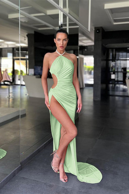 Halter Sleeveless Pink Mermaid Prom Dress Long Slit Online
