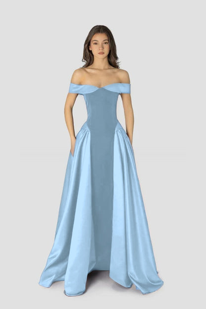 Dreamy Satin Sleeveless Off the Shoulder A-Line Long Evening Dress