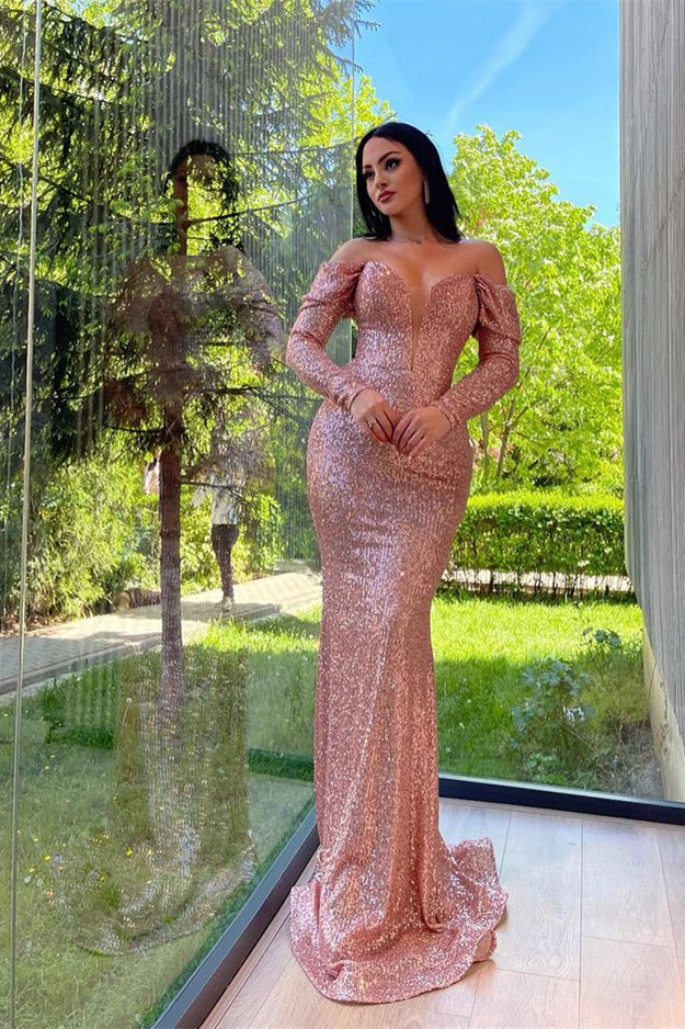 Elegant Split Long sleeves V-Neck Mermaid Prom Dress With Sequins