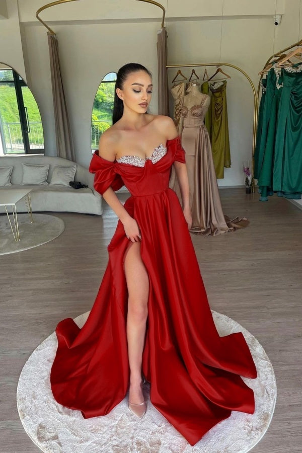 Elegant Fuchsia Off-The-Shoulder Beaded Sweetheart Prom Dress With Split