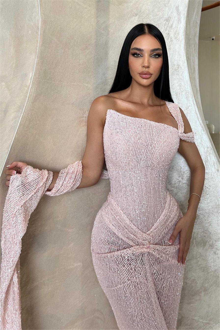 Stunning Pink Sequins One Shoulder Sleeveless Slim Prom Dress with Pleated