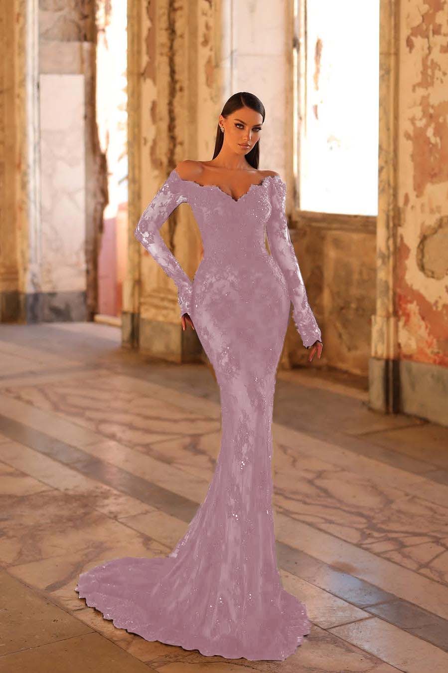 Elegant Black Lace Long Sleeves Off the Shoulder Mermaid Long Prom Dress with Beadings