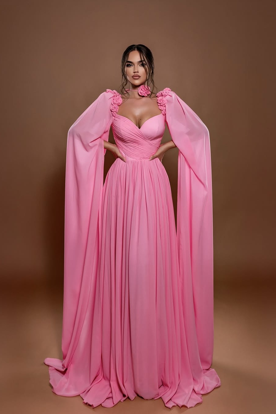 Chic A Line Sleeveless Long Pleated Prom Dress With Shoulder Cape