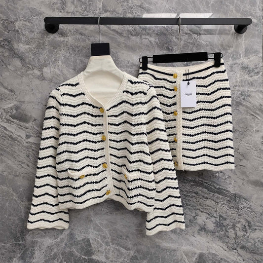 Celine 25 Striped Suit White Black Wool Polyester 278762